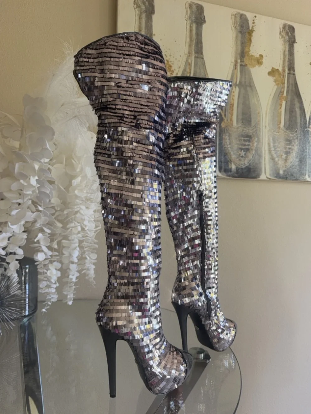 Sequin Over-the-Knee Platform Stiletto Boots - Silver
